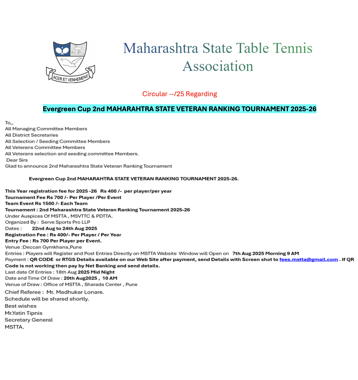 Event photo for Evergreen Cup 2nd MAHARAHTRA STATE VETERAN RANKING TOURNAMENT 2025-26