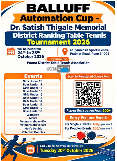 Event photo for BALLUFF Automation Cup – Dr. Satish Thigale Memorial 5th District Ranking Table Tennis Tournament 2026